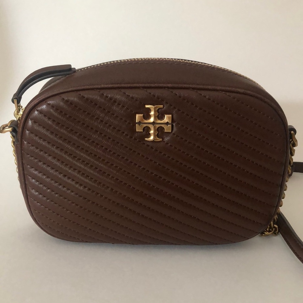 Tory Burch Kira Chevron Moto Quilt Camera Bag Hickory Brown crossbody like new